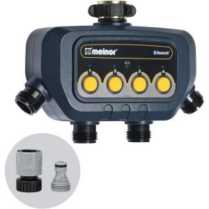 imageMelnor 65184AMZ Bluetooth Water Timer with 4Zone Control 12 Programmable Start Times Watering Delay Manual Mode WeatherResistant 2 Piece Quick Connect Bundle Black Yellow